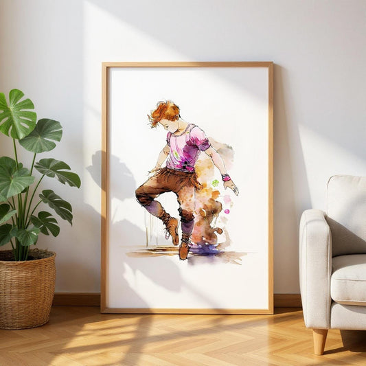 a framed watercolor painting of a person in a pink shirt and brown pants, depicted in a dynamic pose.