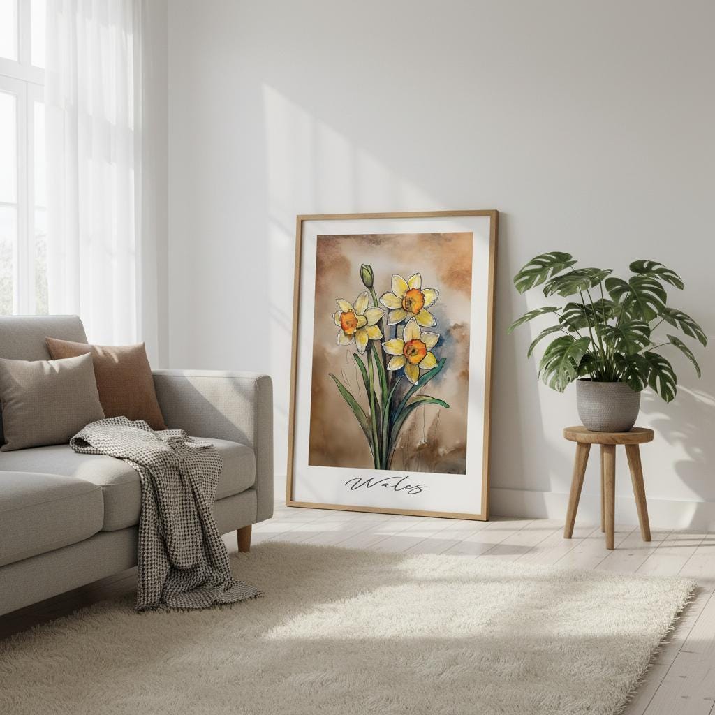 Wales Daffodils Art – Hand-Drawn Floral Wall Art | Framed Pine Wood Print