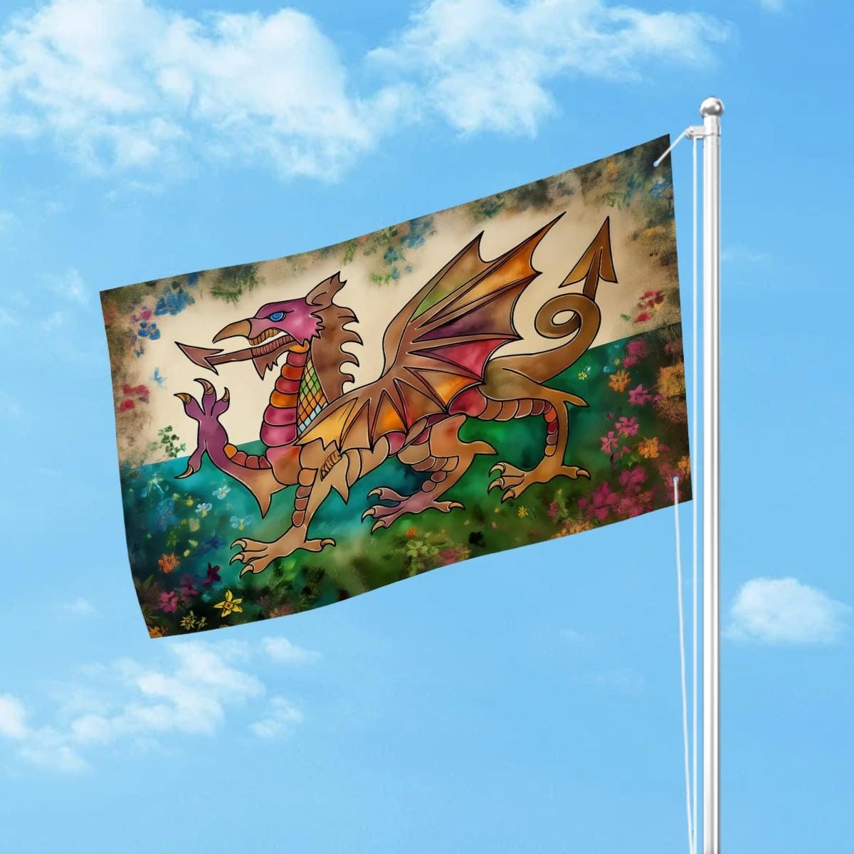 Heavy-duty, Hand Drawn Welsh Flag Design, Three-Layer Outdoor Flag of Wales. Double Sided. 36"x24" / 92x61 cm | Dragon Y Ddraig Goch