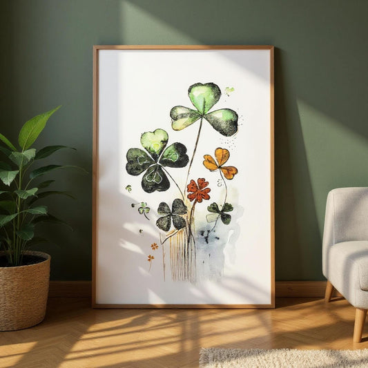 a large framed print of a vibrant and colorful illustration of four clover flowers, with additional smaller flowers and leaves, set against a green wall.
