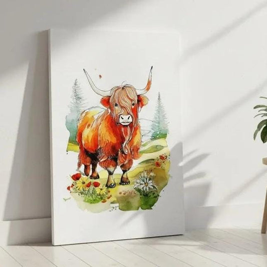 a watercolor painting of a large, horned animal standing in a grassy field with flowers and trees in the background.