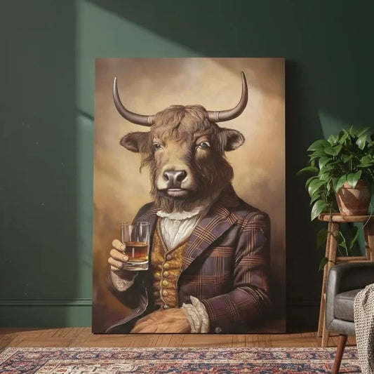 a large painting of a bull wearing a suit and holding a glass of wine, set against a green wall. The bull is depicted in a portrait style, with a detailed and realistic representation of its features. The painting is placed on a rug, and there is a chair and a potted plant in the background, creating a cozy and sophisticated atmosphere.