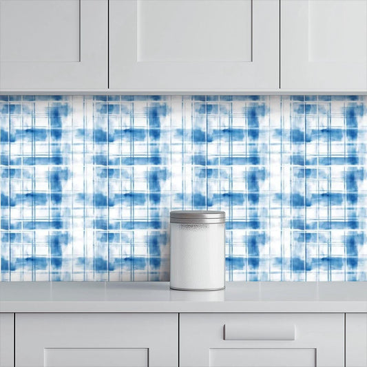 Kitchen & Bathroom Wallpaper Scottish Blue Watercolor Style plaid wallpaper - waterproof - 60"x50" / 152,4 cm x 127 cm