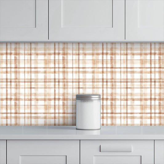 Kitchen & Bathroom Wallpaper Cottage Beige Watercolor Style plaid wallpaper - waterproof - 60"x50" / 152,4 cm x 127 cm