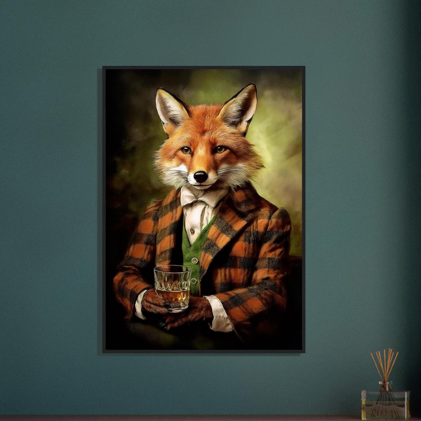 Victorian Red Fox Drinking Whiskey - Framed Wooden Wall Art