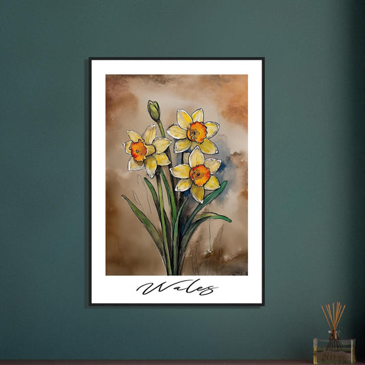 Wales Daffodils Art – Hand-Drawn Floral Wall Art | Framed Pine Wood Print