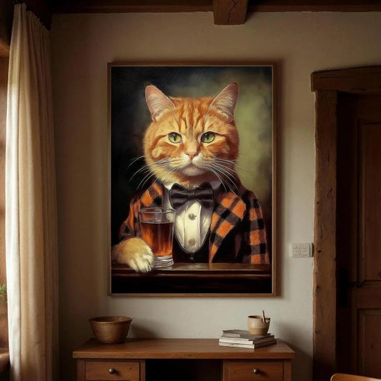a large painting of a cat wearing a tuxedo and holding a glass of beer, hanging on a wall in a room with a wooden table and chairs.
