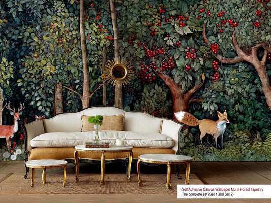 Hand Drawn Self Adhesive Canvas Wallpaper Mural, Forest design, William Morris inspired wallpaper mural Set 2 of 2 - Fox Wallpaper