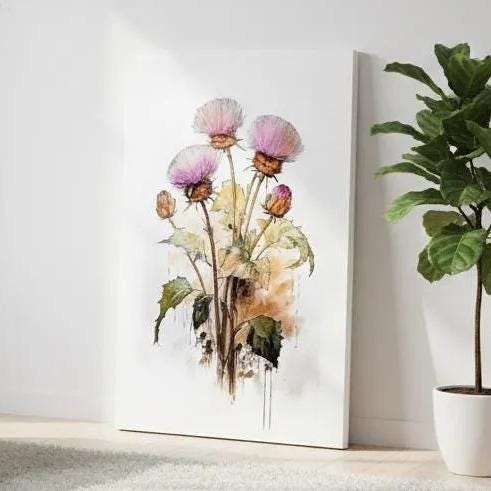 a painting of a bouquet of flowers, including three pink flowers and two yellow flowers, set against a white background.