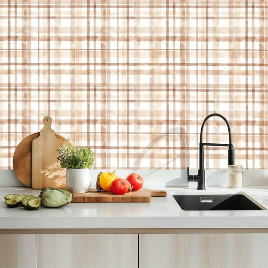 Kitchen & Bathroom Wallpaper Cottage Beige Watercolor Style plaid wallpaper - waterproof - 60"x50" / 152,4 cm x 127 cm