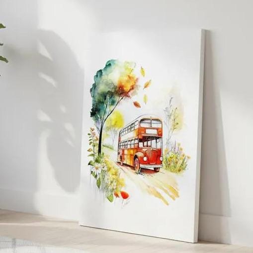 a cozy living room with a gray sofa, a coffee table, and a potted plant. A large painting of a red double-decker bus is displayed on the wall, adding a pop of color to the room.