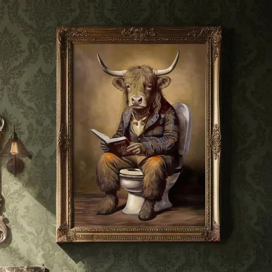 A painting of a bull-like creature sitting on a toilet and reading a book.