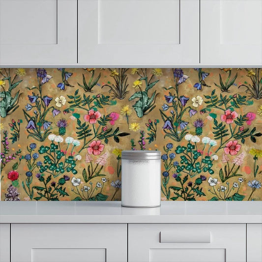 Kitchen & Bathroom Wallpaper Hand drawn Wildflowers - Floral back splash - waterproof - 60"x50" / 152,4 cm x 127 cm