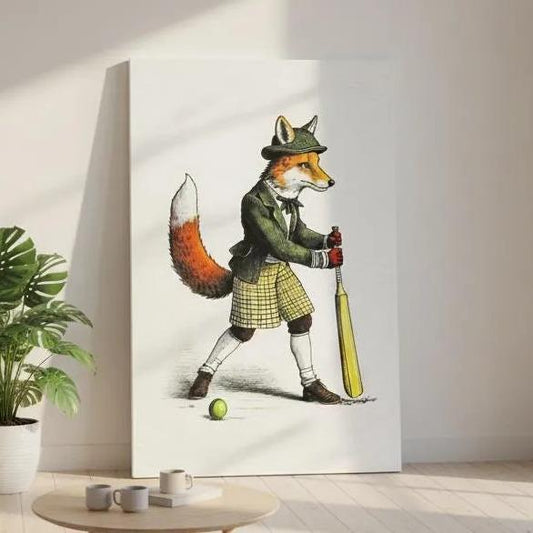 a fox wearing a hat and holding a cricket bat, standing on a green surface with a cricket ball nearby.