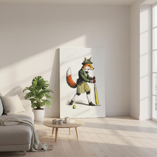 a fox dressed in a suit and hat, holding a baseball bat and standing on a field, with a potted plant and a coffee table in the background.