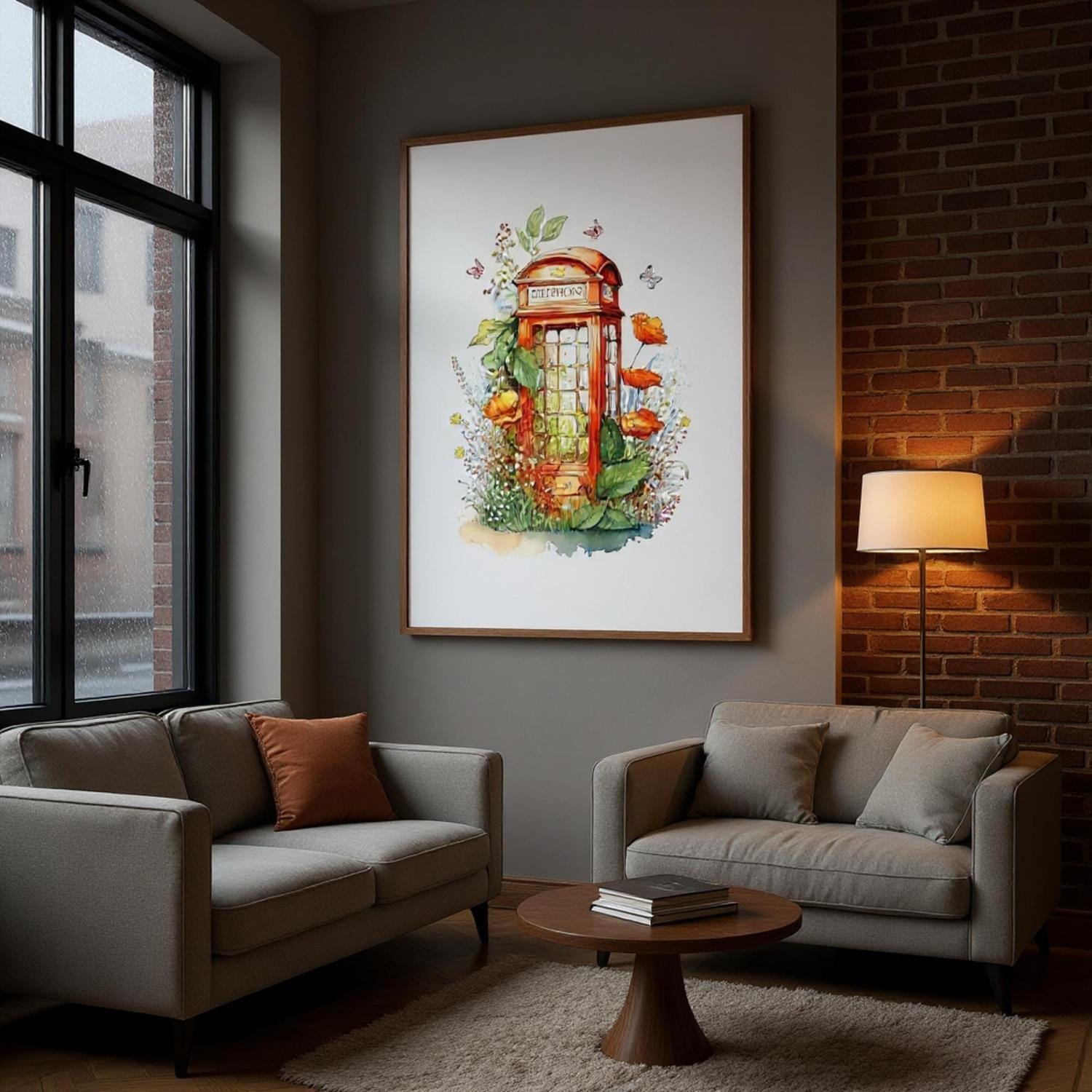 a cozy living room with a large window, a framed painting of a telephone booth, and two couches arranged around a coffee table.