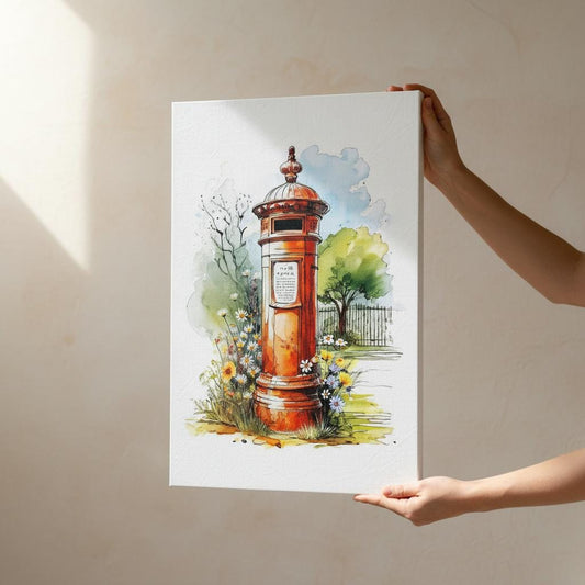 British Pillar Box Art – Red Postal Box Print | Vintage British Canvas Wall Art