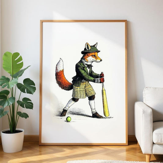 a framed illustration of a fox wearing a hat and holding a baseball bat, standing on a green surface with a tennis ball nearby.