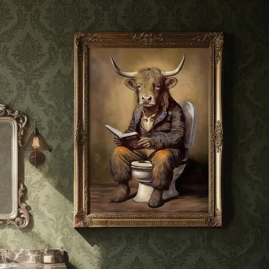 a bull wearing a suit and tie sitting on a toilet and reading a book.