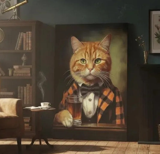 a cozy living room with a large painting of a cat wearing a plaid shirt and holding a cup of coffee, situated on a wooden floor. The room is furnished with a sofa, a bookshelf, and a potted plant, creating a warm and inviting atmosphere.